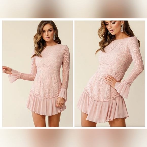 Saints + Secrets Small Dreamy Long Sleeve Blush Pink Ruffle Mini Dress - Picture 15 of 15